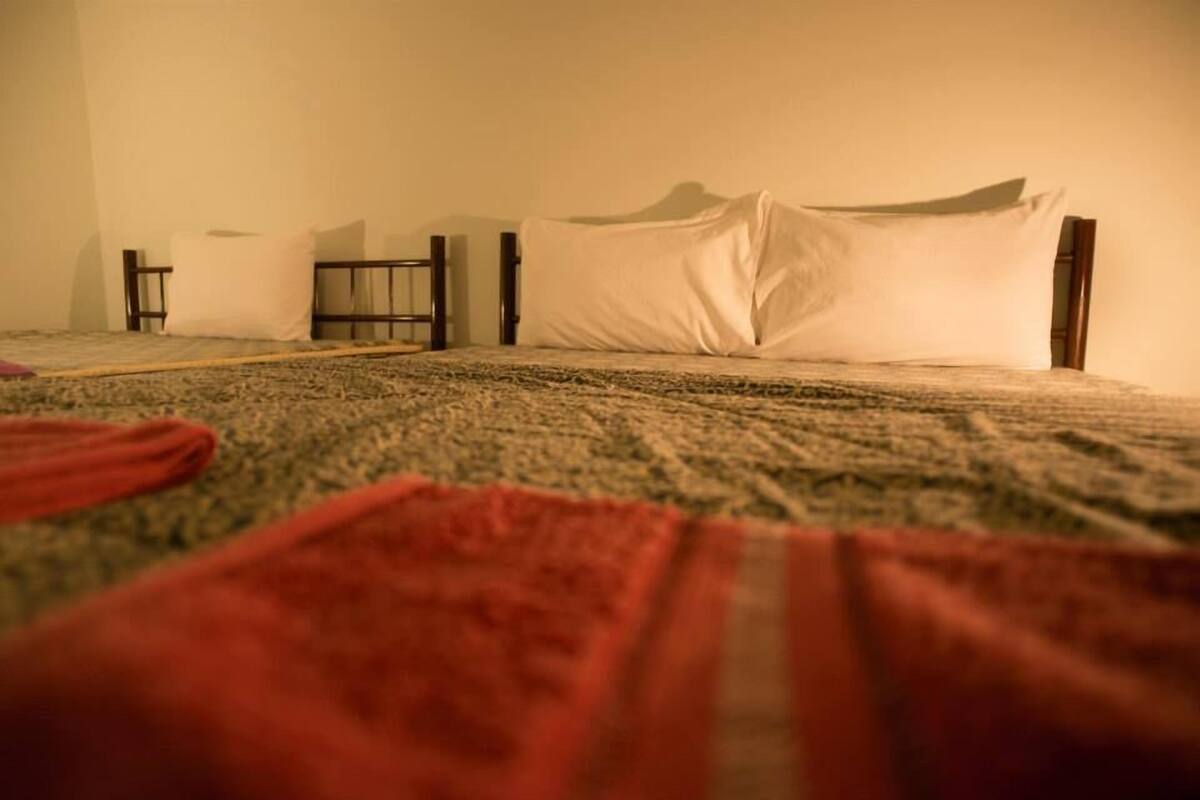 A room with a bed, a nightstand, and a carpet.