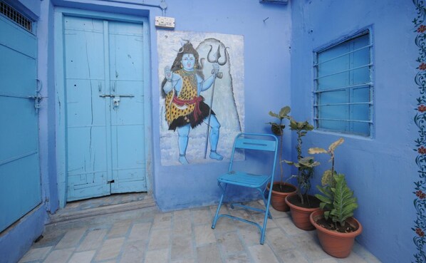 A blue-walled room with a door, a chair, and potted plants.