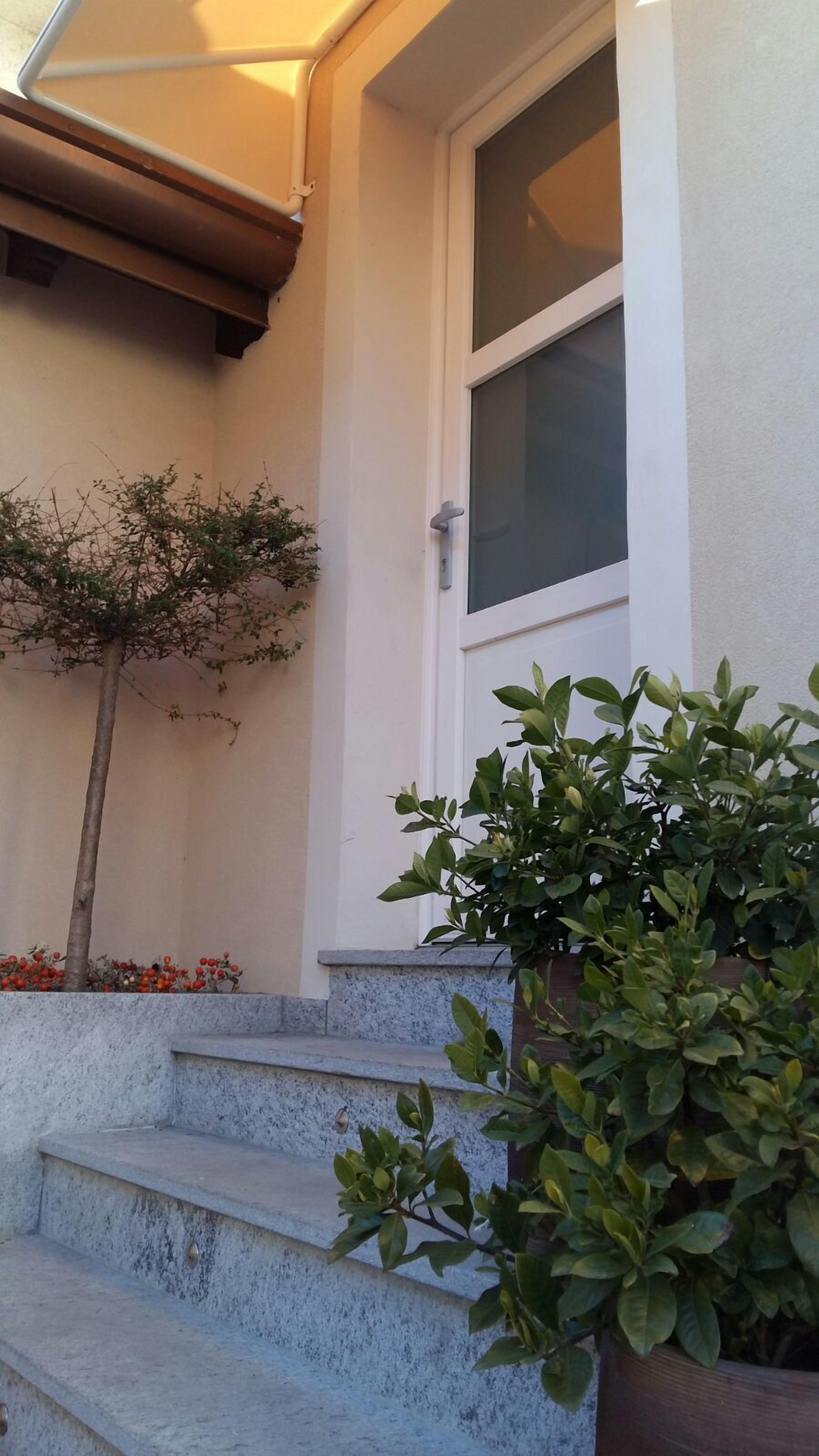 Ein Gebäudeeingang mit einer weißen Tür, einem kleinen Baum und einem Blumentopf auf den Stufen.
