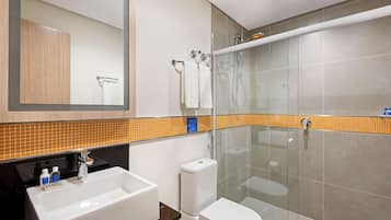 Shower, eco-friendly toiletries, hair dryer, towels