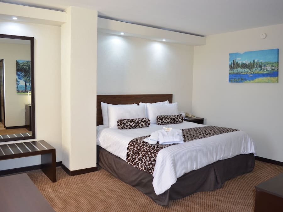 A hotel room with a large bed, a bedside table, a chair, a mirror, and a painting on the wall.