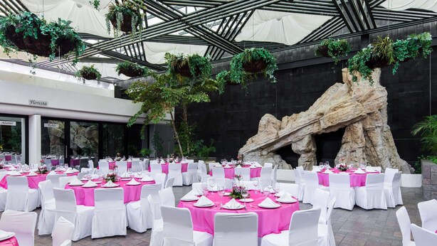 A banquet hall with round tables set for events, featuring white chairs and pink tablecloths.