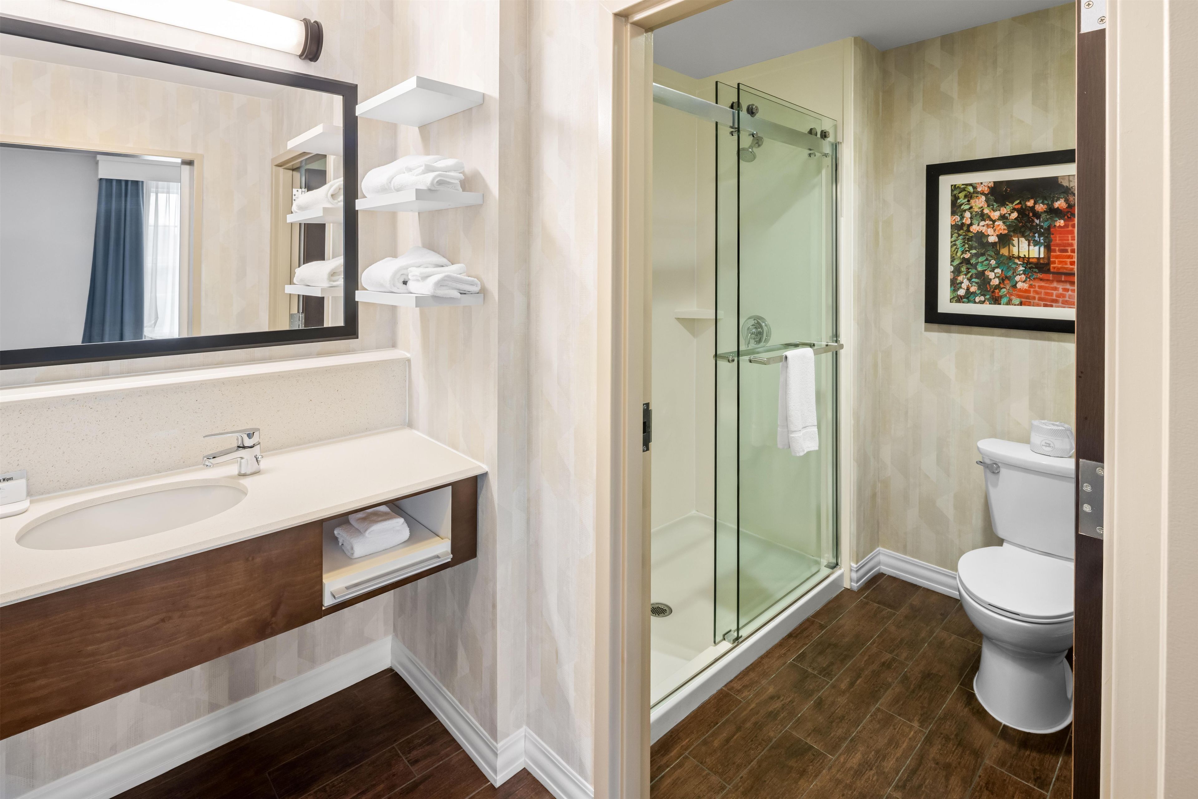 A modern bathroom with a glass shower enclosure, a white sink, and a toilet.