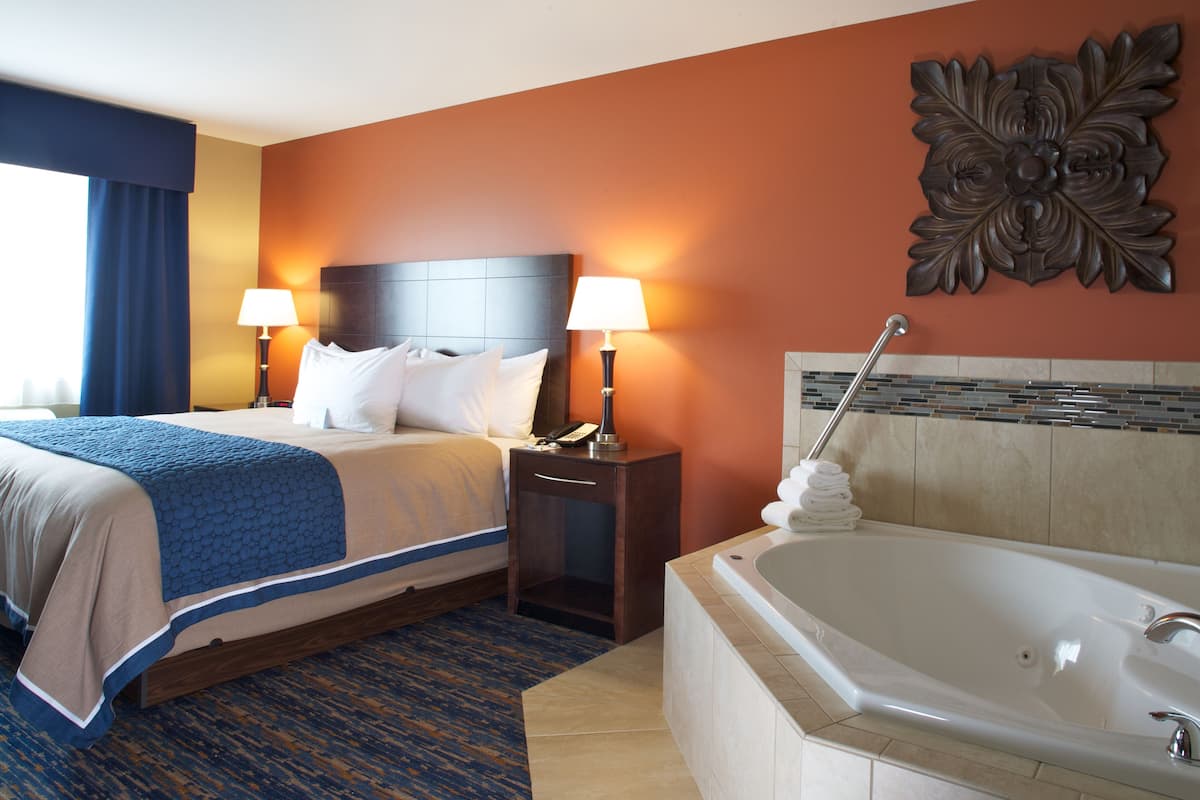 A hotel room with a large bed, two bedside lamps, a wall-mounted decorative piece, and a separate bathroom with a bathtub.