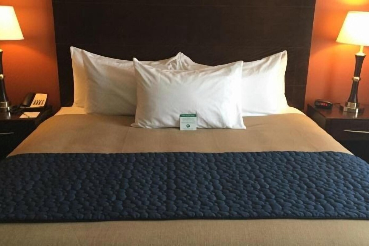 A hotel room with a bed, two bedside tables, a lamp on each table, and a nightstand with a phone.