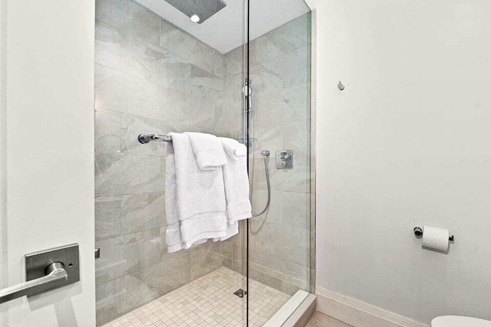 A glass-enclosed shower with a towel rack, a toilet, and a visible toilet paper holder.