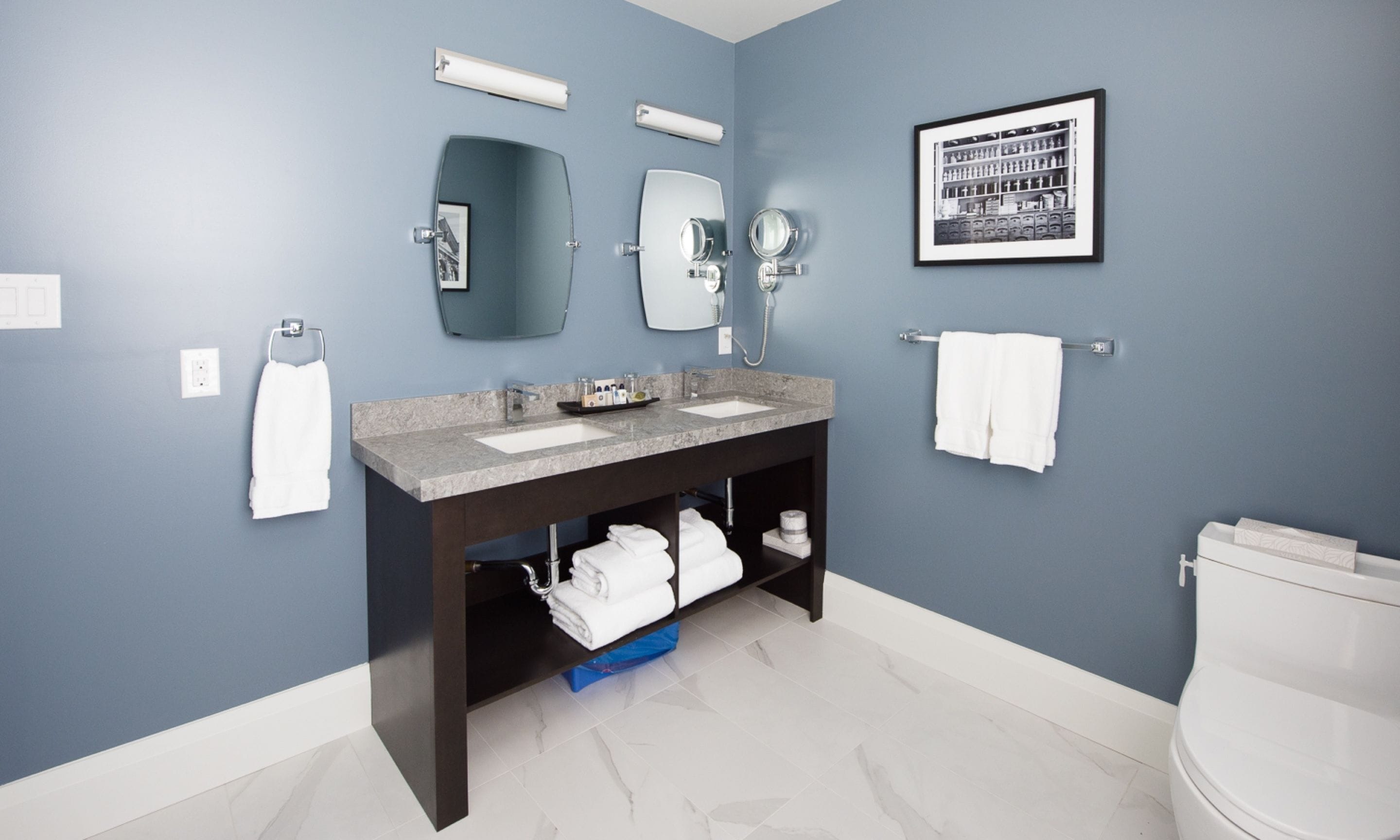 A modern bathroom with a dark vanity, two sinks, a toilet, and a framed picture on the wall.