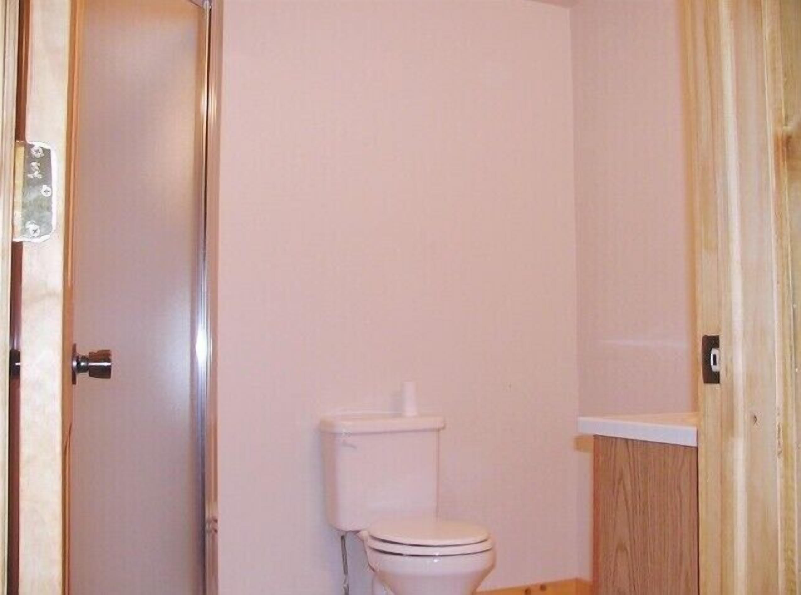 A small, single-occupancy bathroom with a white toilet, wooden paneling, and a door with a metal handle.
