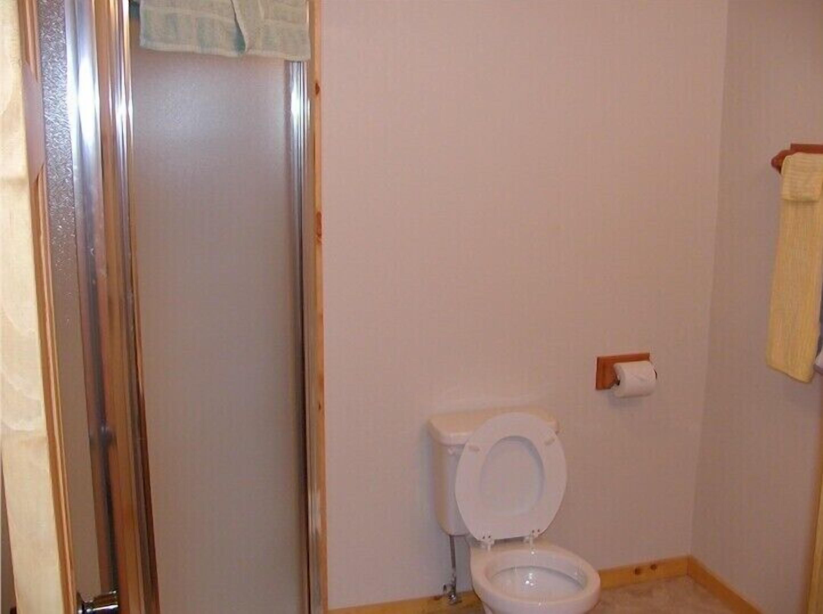 Un bagno piccolo con il water, una doccia e un asciugamano appeso al muro.