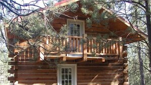 A log cabin with a front door, a small balcony, and a window. - Papoose (Custer)