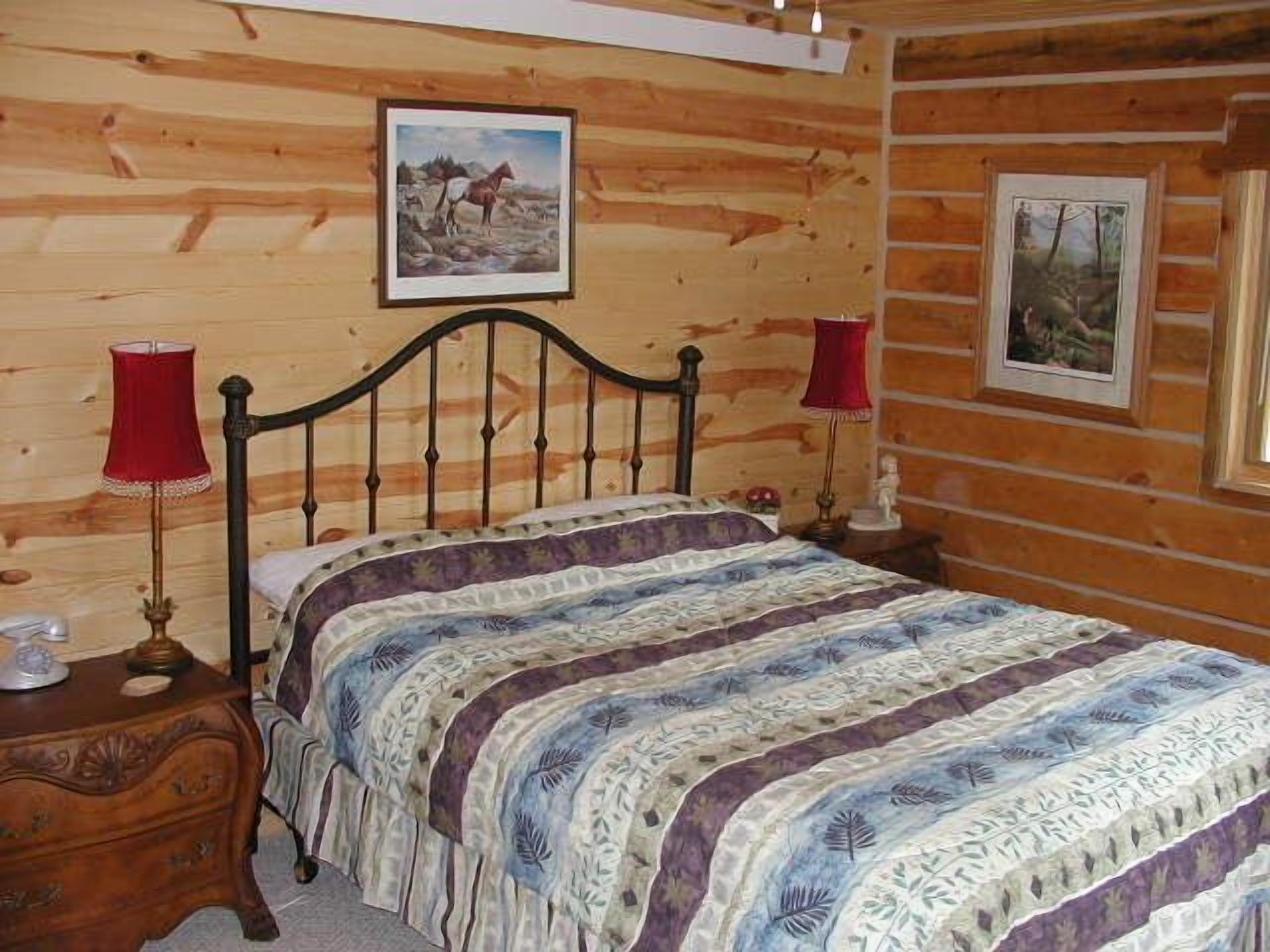 A wooden cabin bedroom with a bed, two bedside lamps, a dresser, and two framed pictures on the wall.