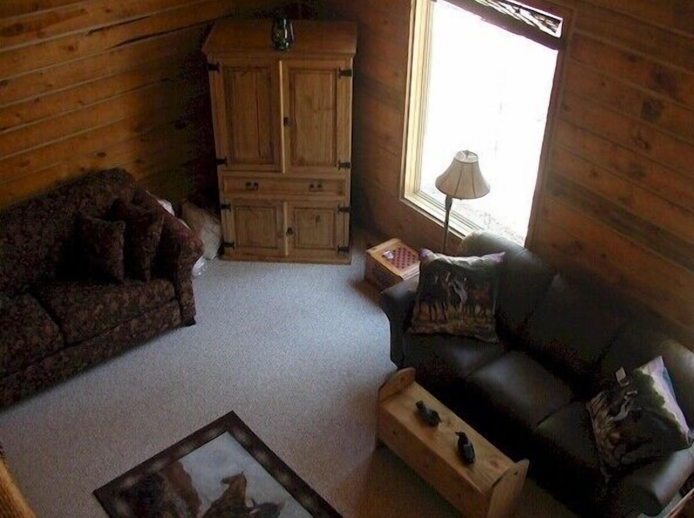A cozy living room with a wooden interior, a sofa, a chair, and a cabinet.