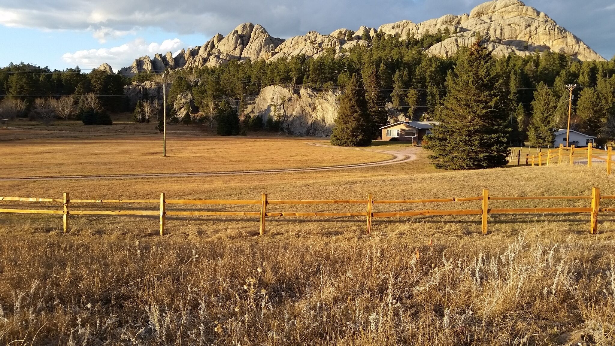A rural landscape with a fenced field, a winding road, and a house in the background.