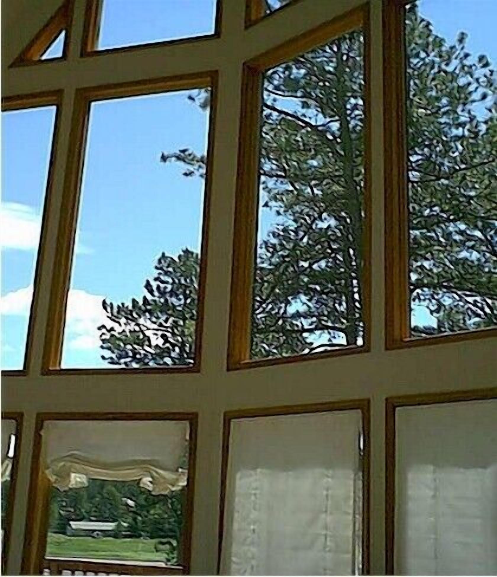 A room with large windows, a view of trees, and a glimpse of a lawn outside.