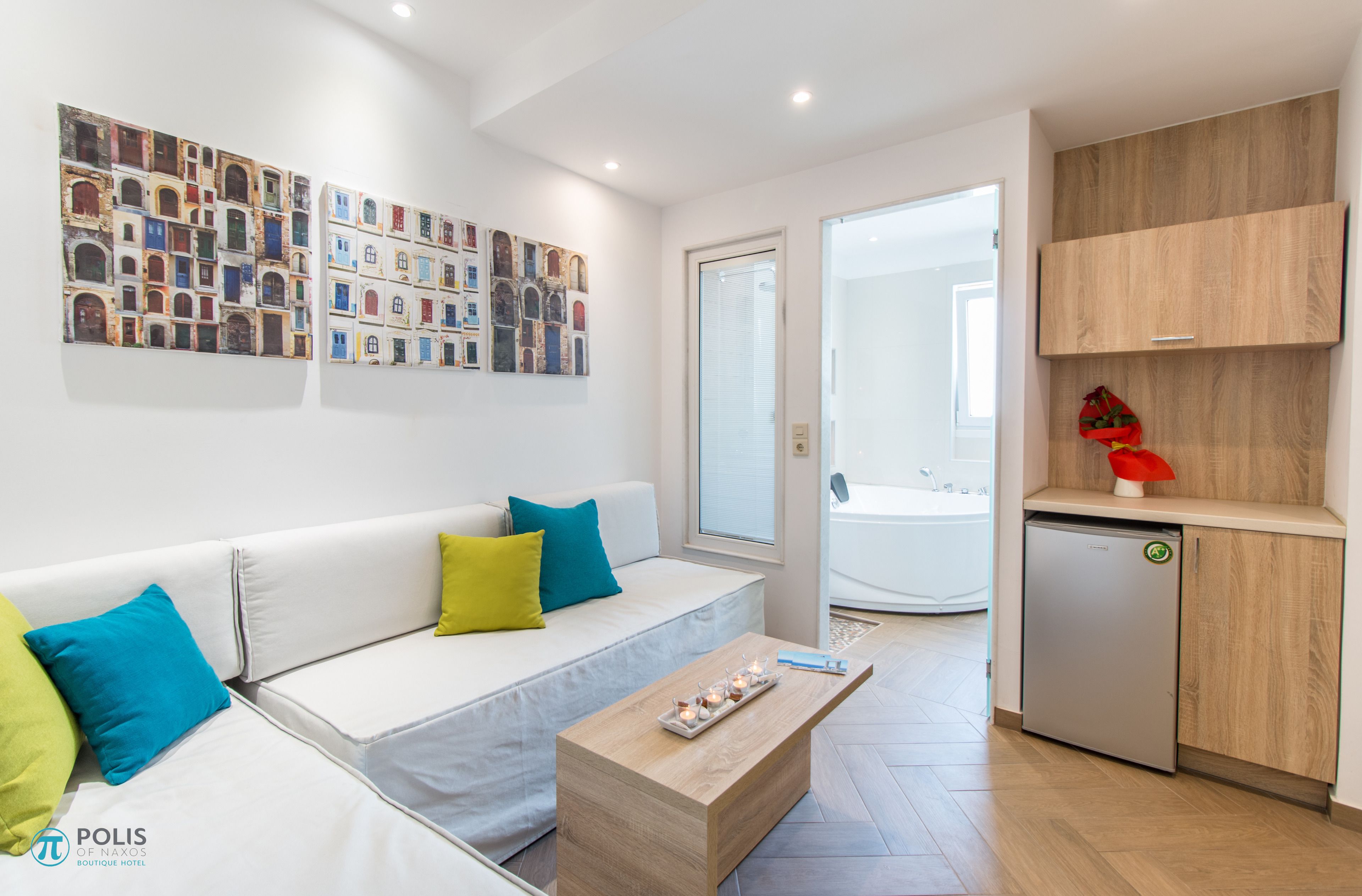 superior suite, jetted tub | living area | led tv