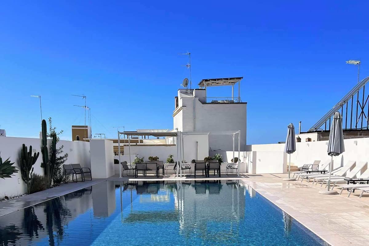 A clear swimming pool with lounge chairs and umbrellas, surrounded by white walls and cacti.