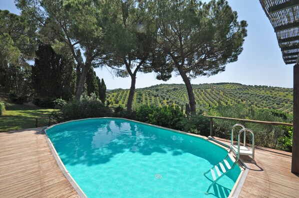 A swimming pool with a wooden deck, surrounded by trees and a view of a hilly landscape. - Marsilia (Manciano)