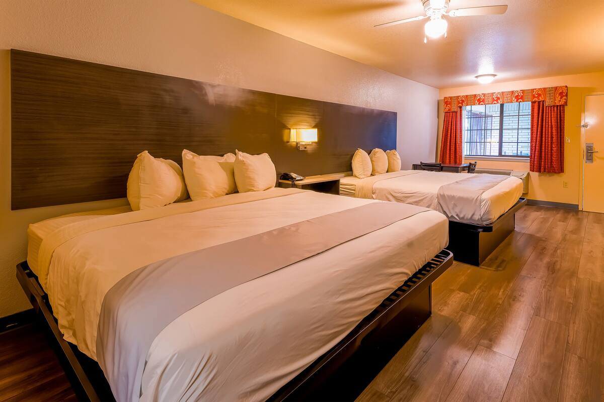 Une chambre d’hôtel avec deux lits, une table de chevet avec un téléphone, une lampe fixée au mur et une fenêtre avec des rideaux.