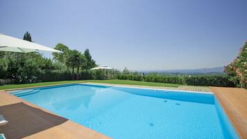 Outdoor pool, pool umbrellas, pool loungers
