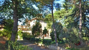 Un patio con un edificio de piedra, rodeado de árboles y una hamaca.
