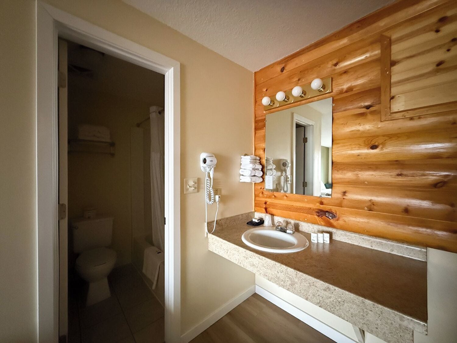 Combined shower/tub, free toiletries, hair dryer, towels