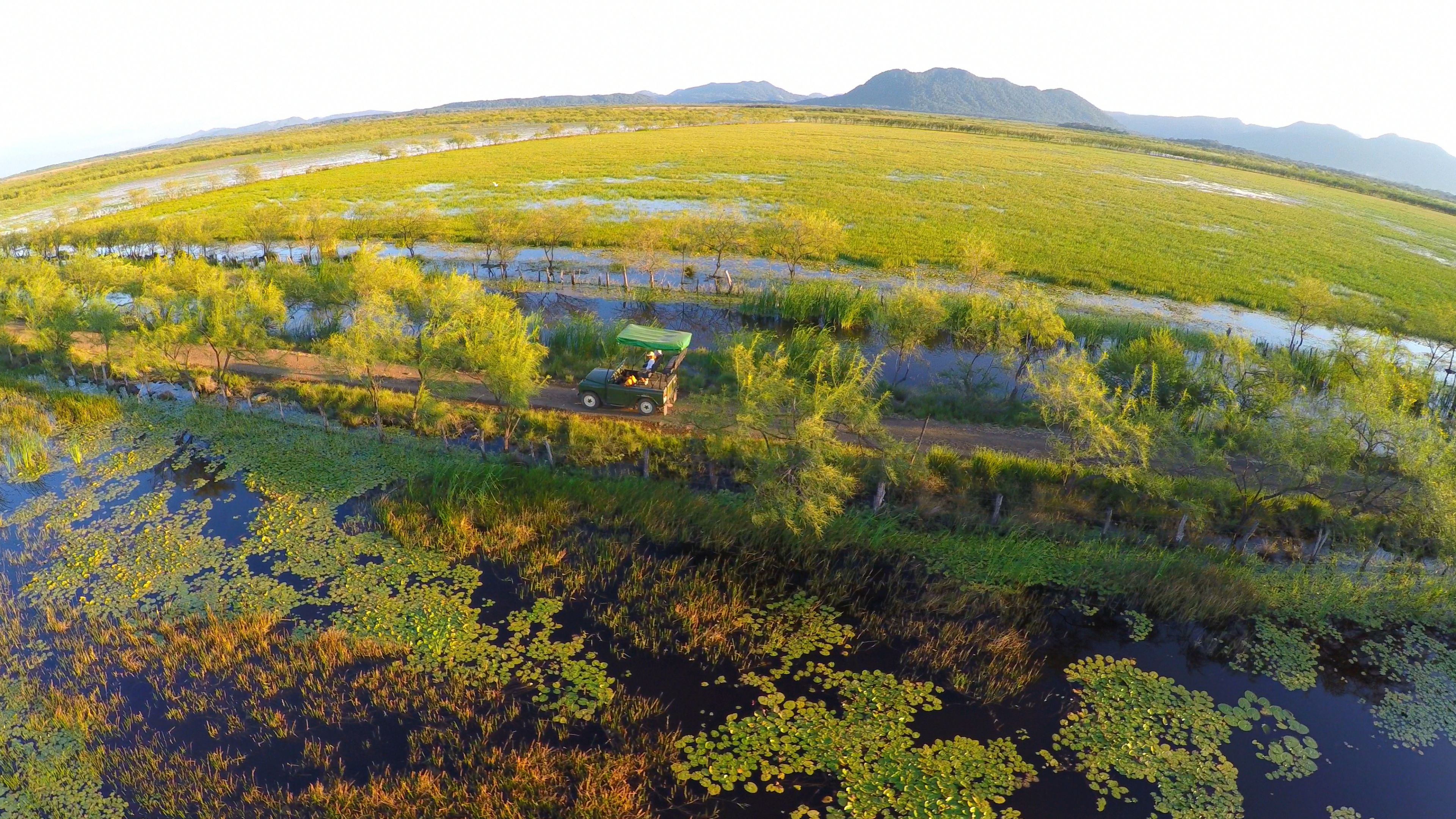 Vista aérea de un paisaje con un vehículo verde estacionado cerca de una masa de agua rodeada de vegetación y una cadena montañosa distante.