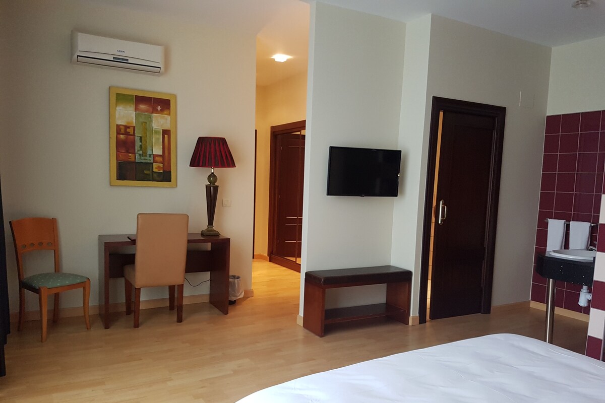 A hotel room with a bed, a desk with a chair, a television, and a door.