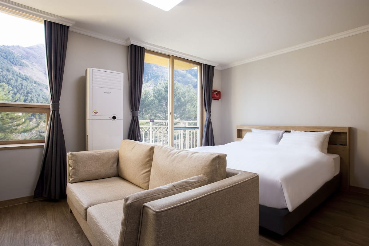 A hotel room with a bed, a sofa, a window with curtains, and a view of mountains.