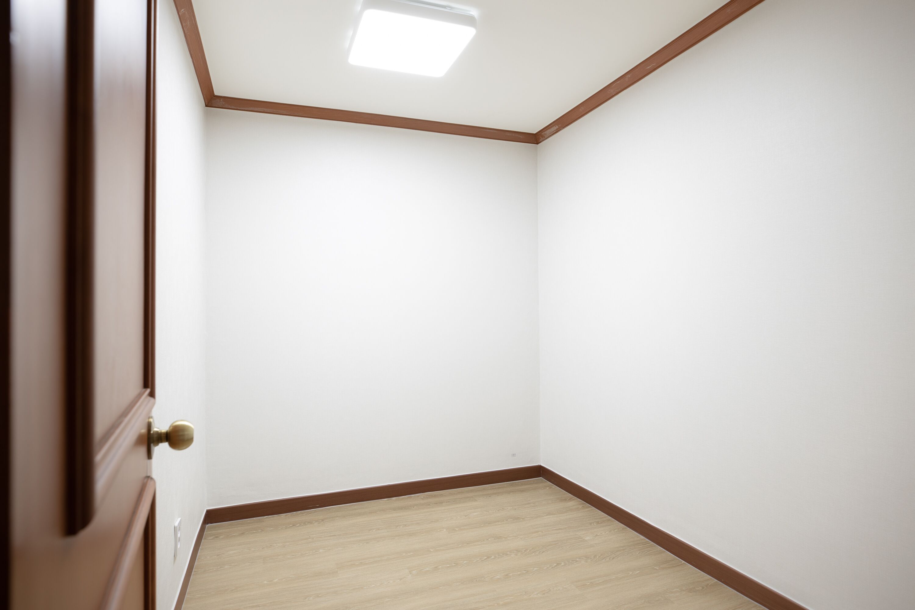 A corner room with a wooden door, white walls, and a light-colored wooden floor.
