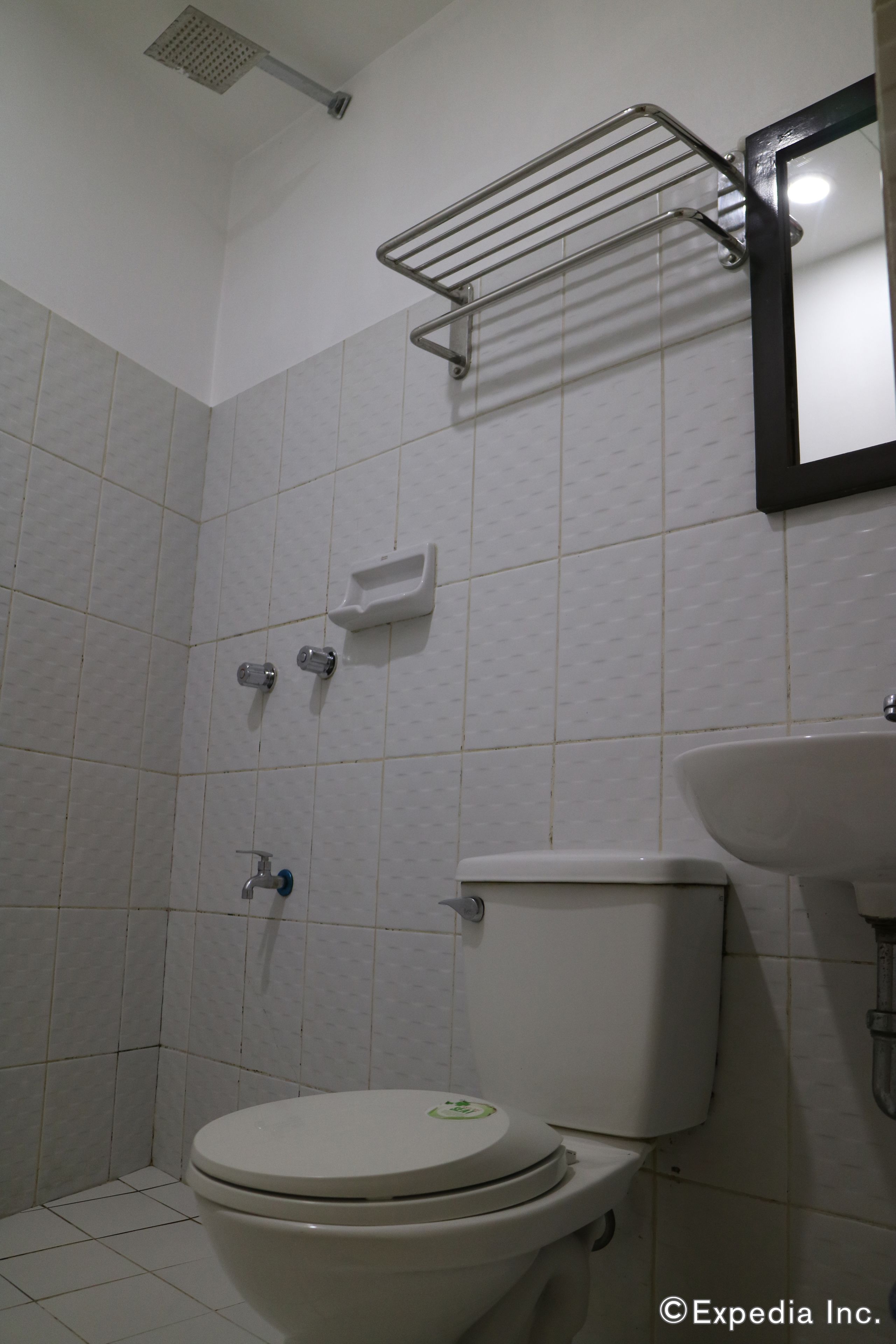 Une salle de bain équipée de toilettes, d’un lavabo et d’une douche.