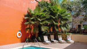 A swimming pool with lounge chairs and palm trees.