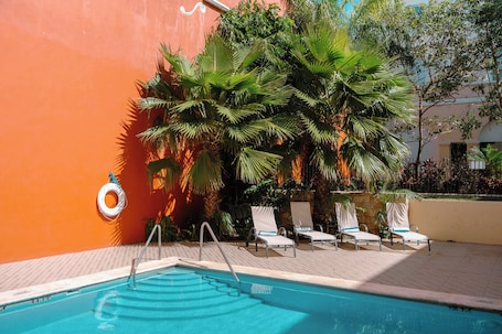 A swimming pool with lounge chairs and palm trees.