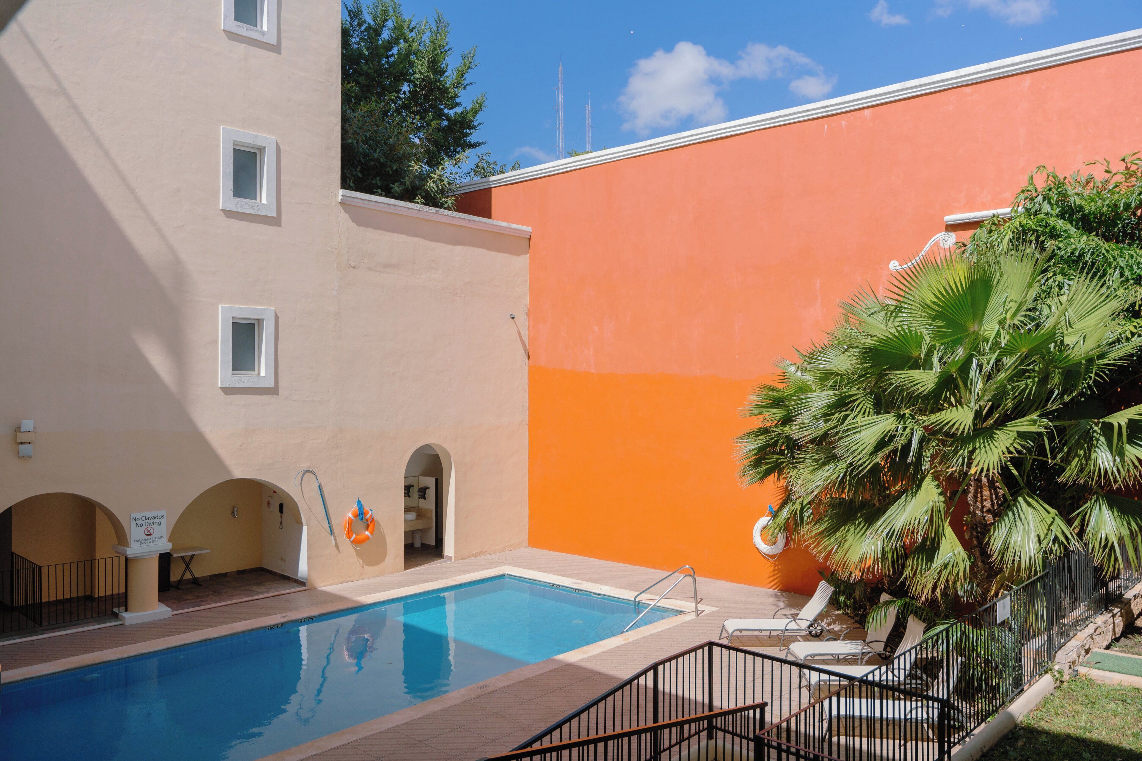 Una piscina con un flotador salvavidas, un letrero de prohibido bañarse y una palmera.