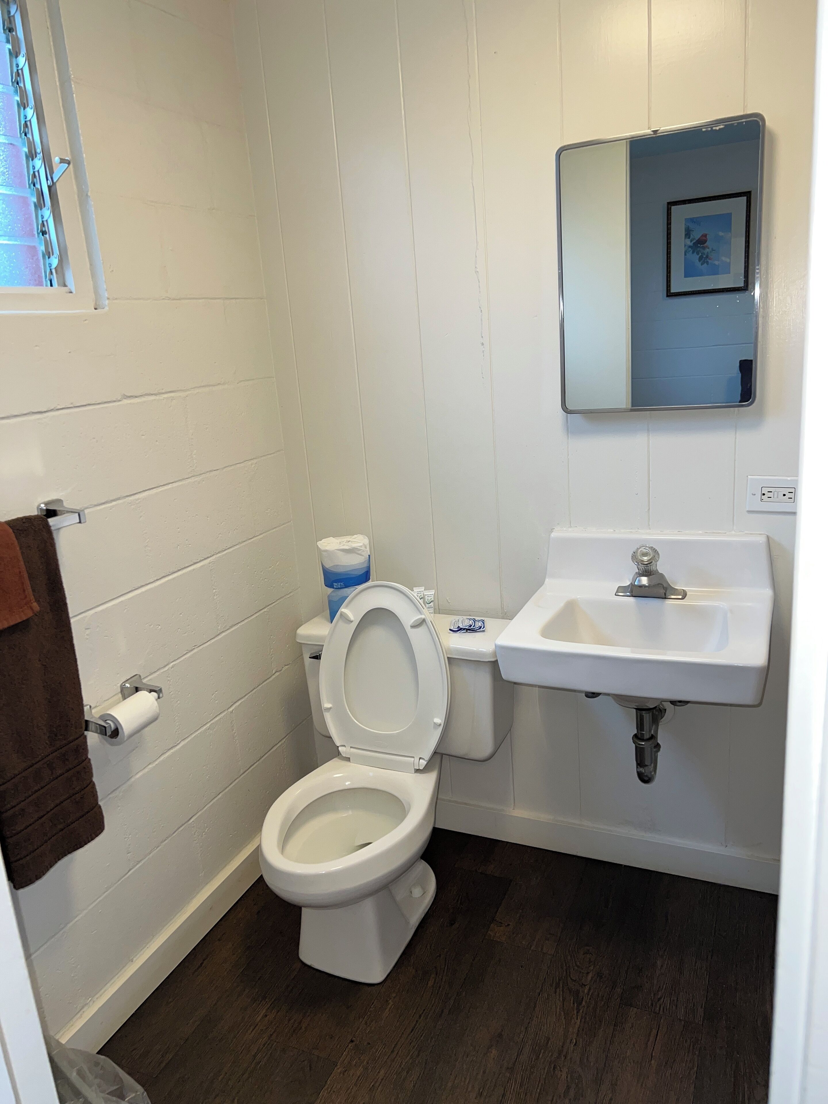 A small, clean bathroom with white walls, a wooden floor, a toilet, a sink, and a mirror.