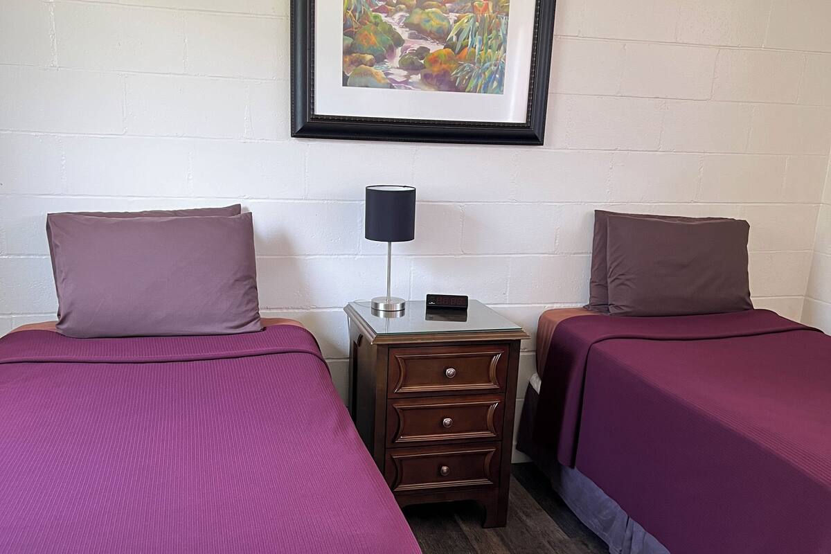 Una habitación con dos camas, cada una con colcha y almohadas moradas a juego, una mesita de noche de madera con lámpara, y un cuadro en la pared.