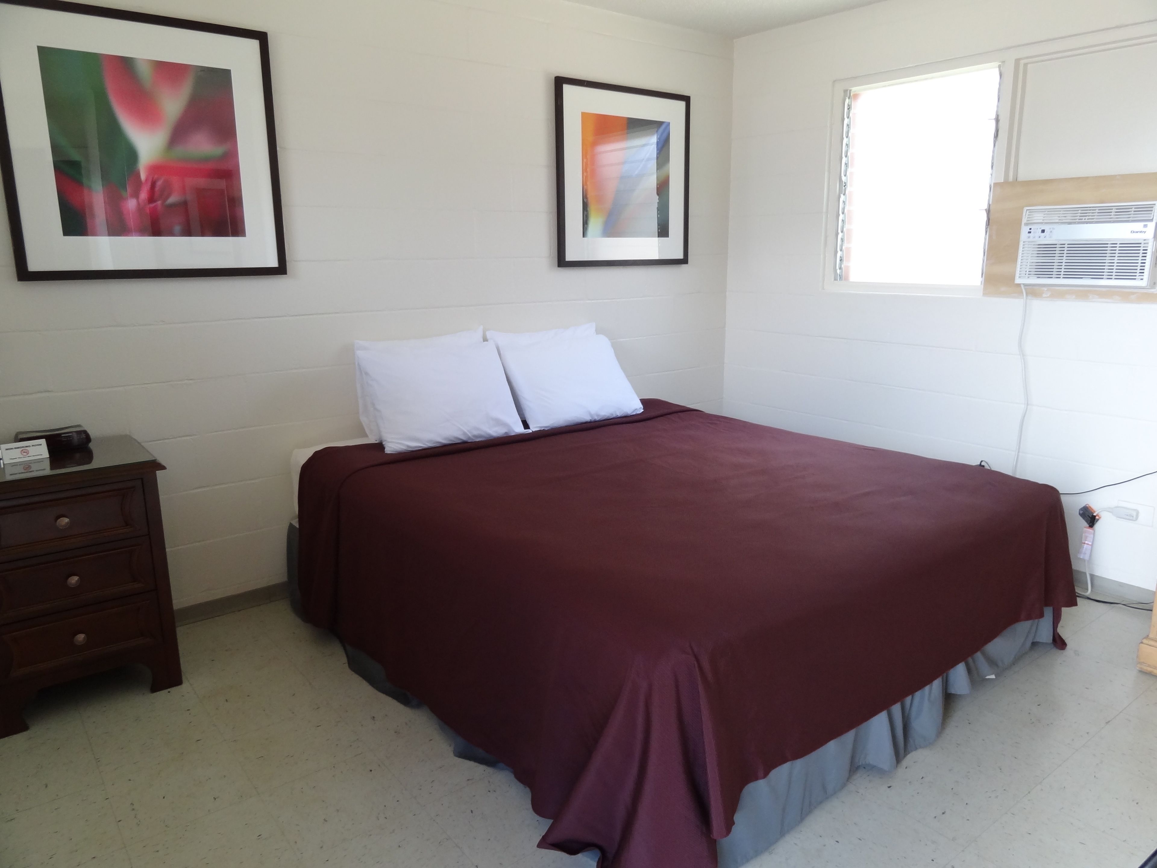 A bedroom with a bed, two pillows, a nightstand, a dresser, and two framed pictures on the wall.