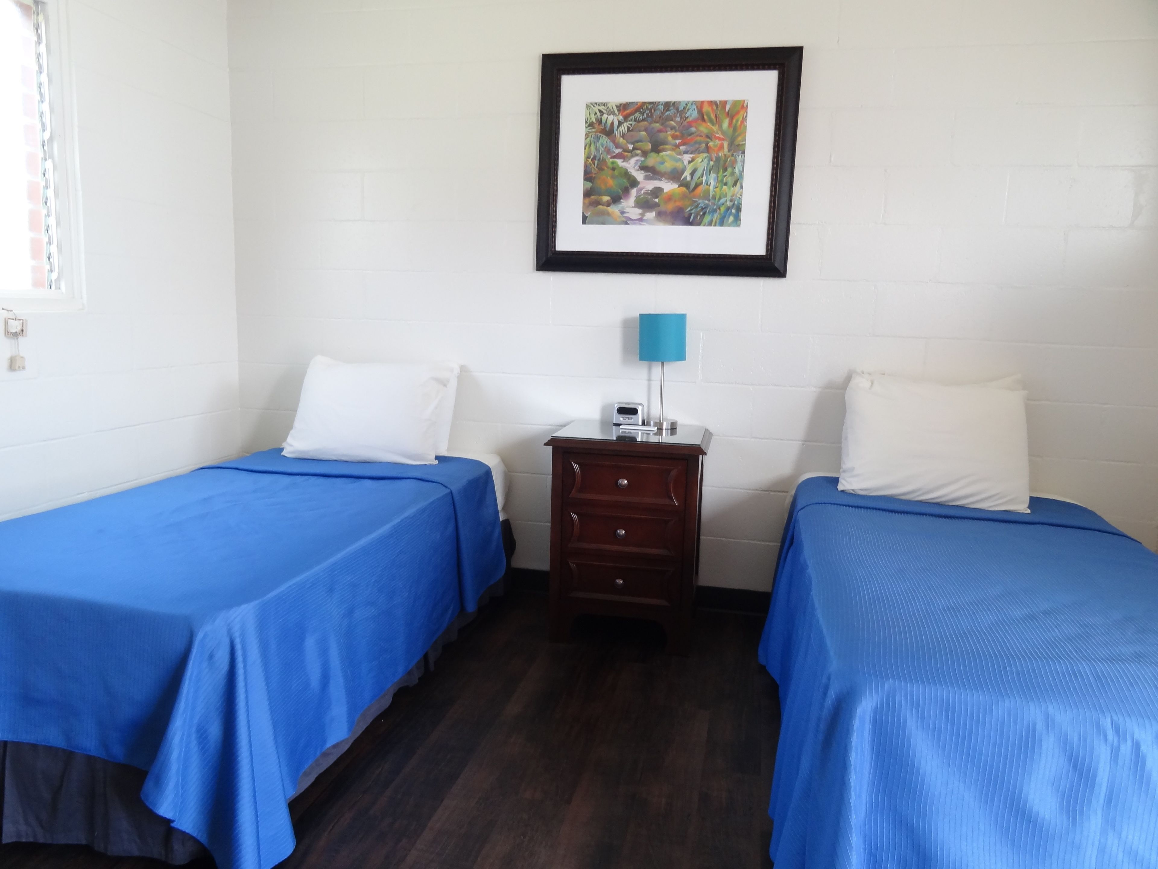 A room with two beds, each with blue bedding, a small wooden nightstand with a lamp, and a framed picture on the wall.