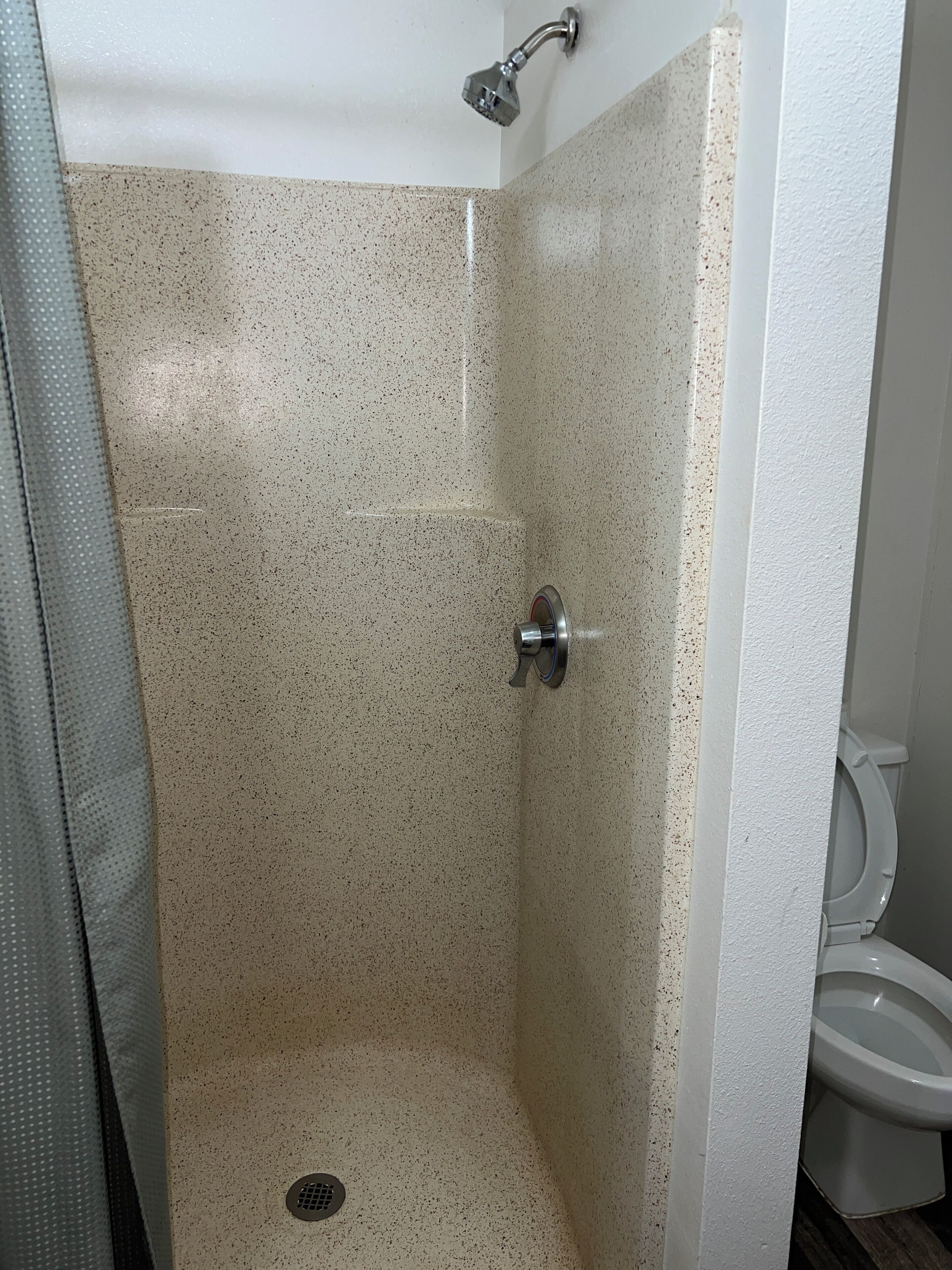 A bathroom with a shower, a toilet, and a drain.