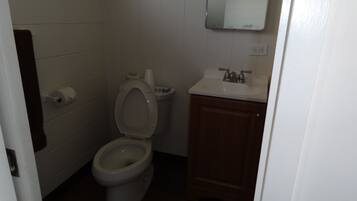 A small, clean bathroom with a toilet, sink, and mirror.