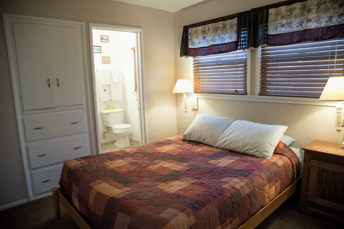 A bedroom with a bed, a wardrobe, a bathroom, and a window with curtains.