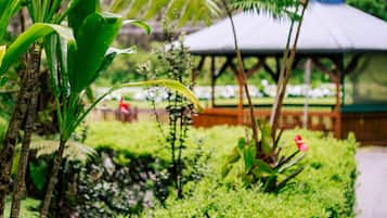 Un jardin luxuriant, avec une variété de plantes et un belvédère.