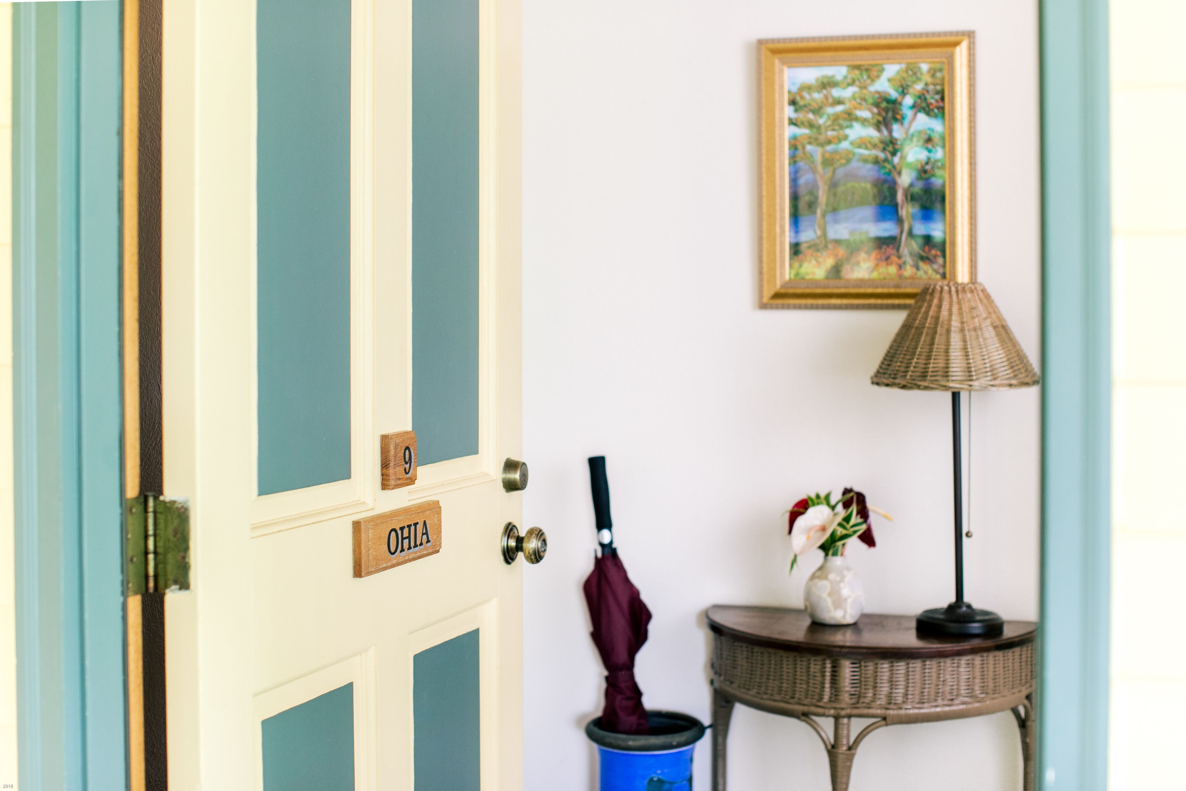 A door with a nameplate reading "OHIA," a wicker table with a vase of flowers, a lamp, and a blue trash bin.