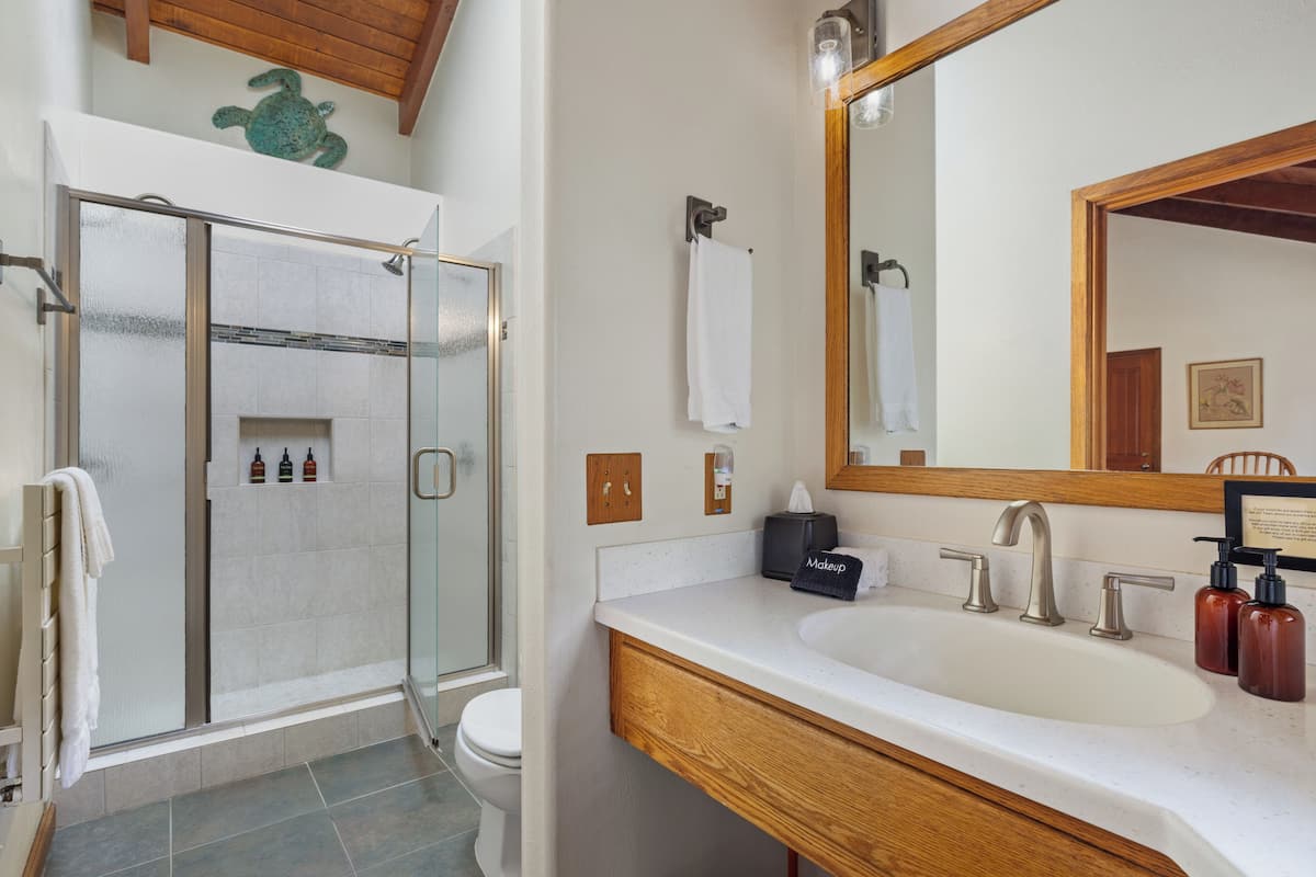 A bathroom with a glass shower enclosure, a toilet, a sink with a wooden vanity, and a large mirror.