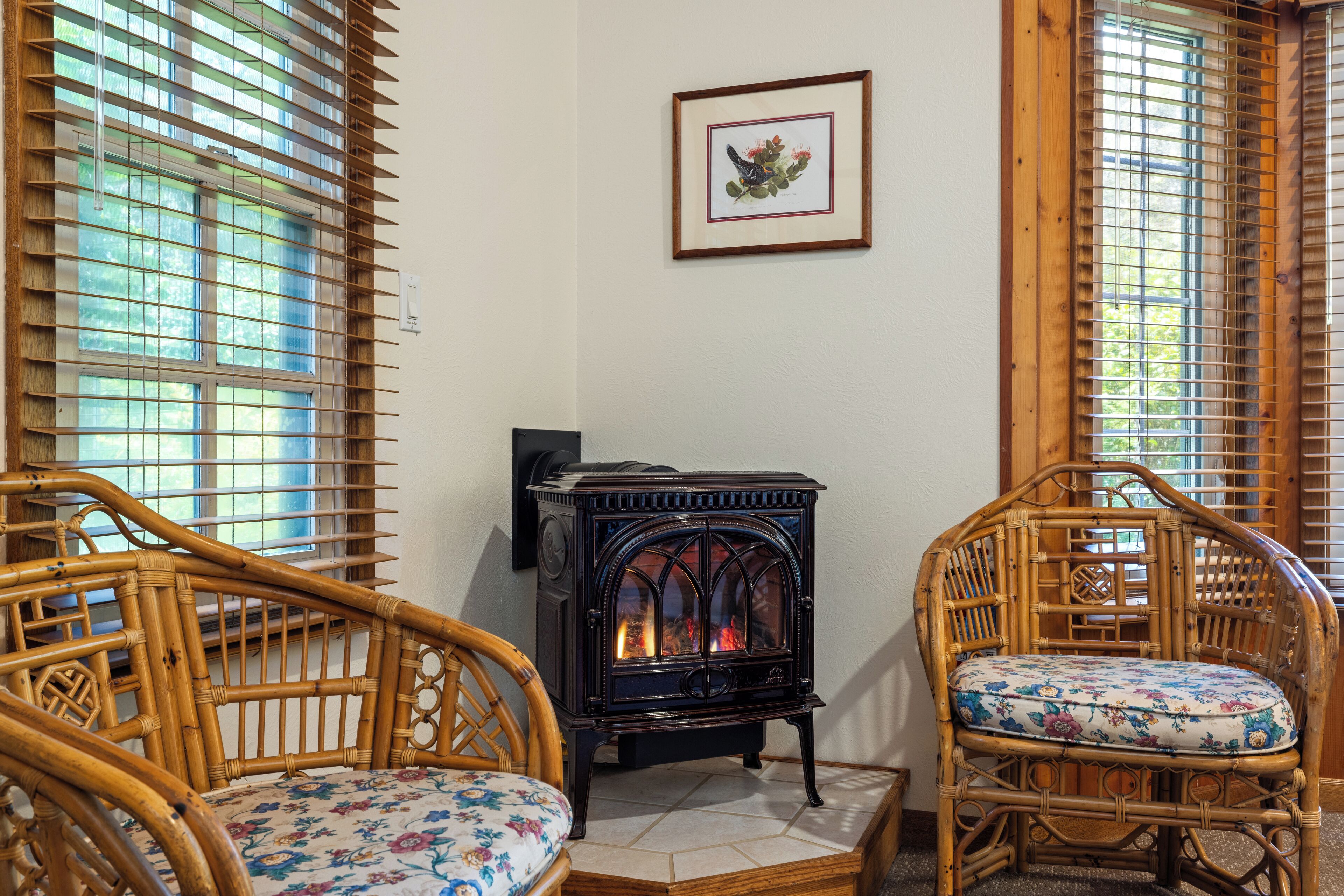 A room with a wood-burning stove, two wicker chairs with floral cushions, and a framed picture on the wall.