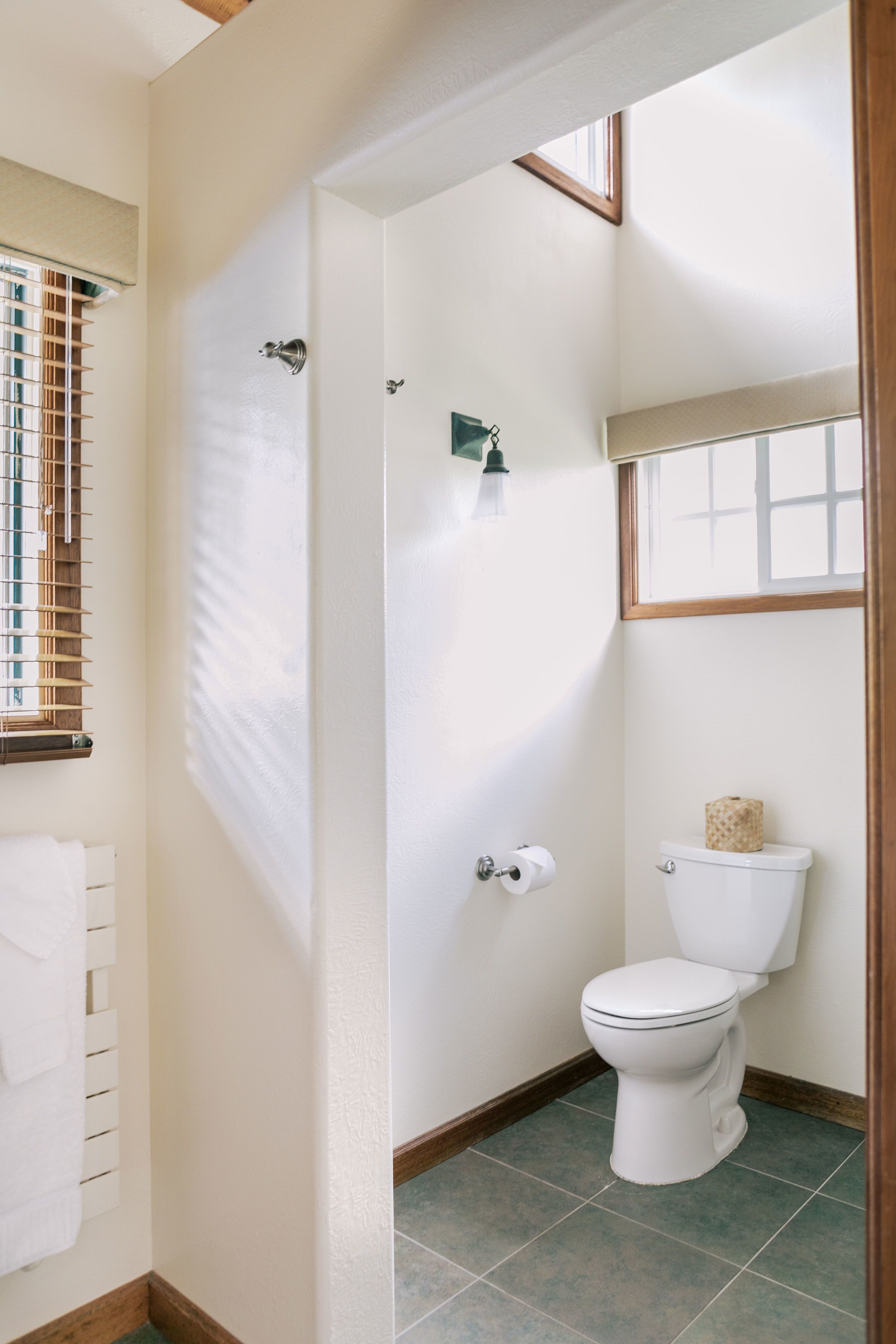 Een badkamer met toilet, douche en raam.
