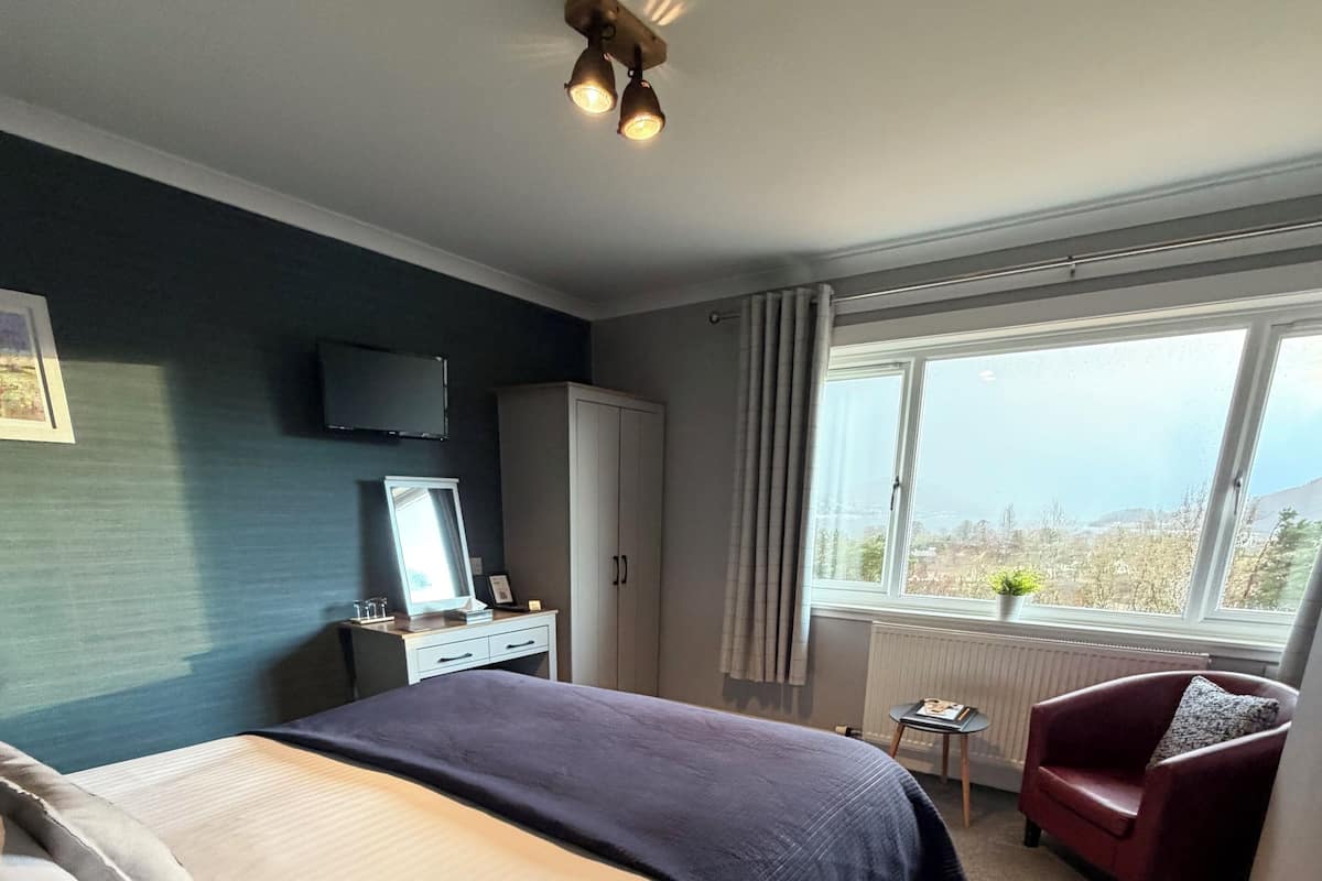 A hotel room with a bed, a desk, a chair, a TV, and a window with a view.
