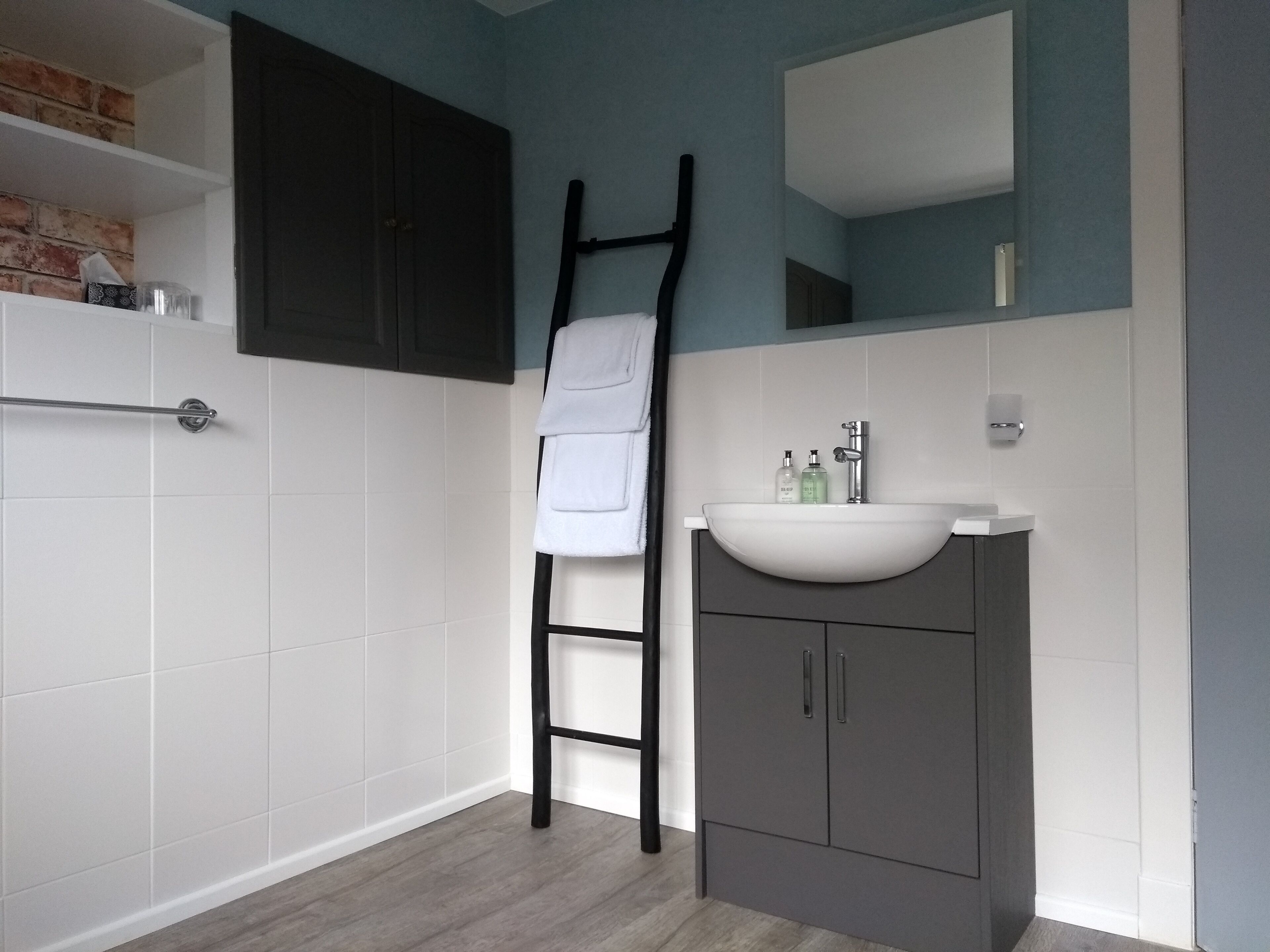A bathroom with a white sink, dark cabinets, a towel rack, and a mirror.
