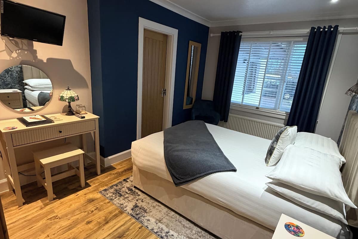 A bedroom with a bed, a desk, a chair, a TV, a mirror, and a window with curtains.