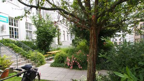 Una bicicletta parcheggiata vicino a un albero in un cortile con scale che conducono a un edificio.