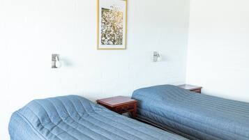 A room with two single beds, a small wooden nightstand, a framed picture on the wall, and two wall-mounted light fixtures.
